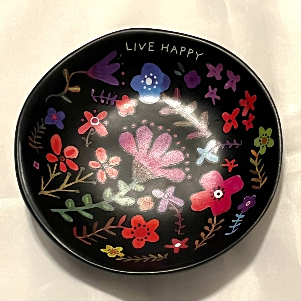Natural Life Live Happy Black Floral Trinket Jewelry Dish Candy Dish Home Decor